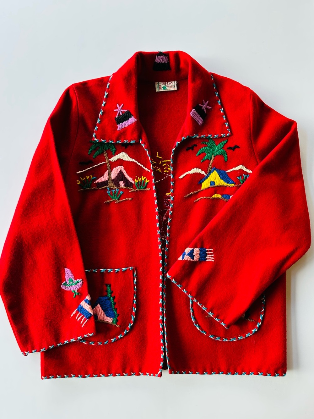 Vintage 50s 60s Kids Mexican Tourist Jacket Red Wool Hand Embroidered Lopez Mexi